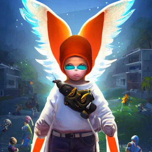 Image similar to baby Angel, baby cherub,wearing angel halo, ski mask, balaclava, face covered, wearing angel halo covered face, orange hoodie, hip hop, multiple golden necklaces, fantasy art apex fortnite Video game icon, 2d game art gta5 cover , official fanart behance hd artstation by Jesper Ejsing, by RHADS, Makoto Shinkai and Lois van baarle, ilya kuvshinov, rossdraws