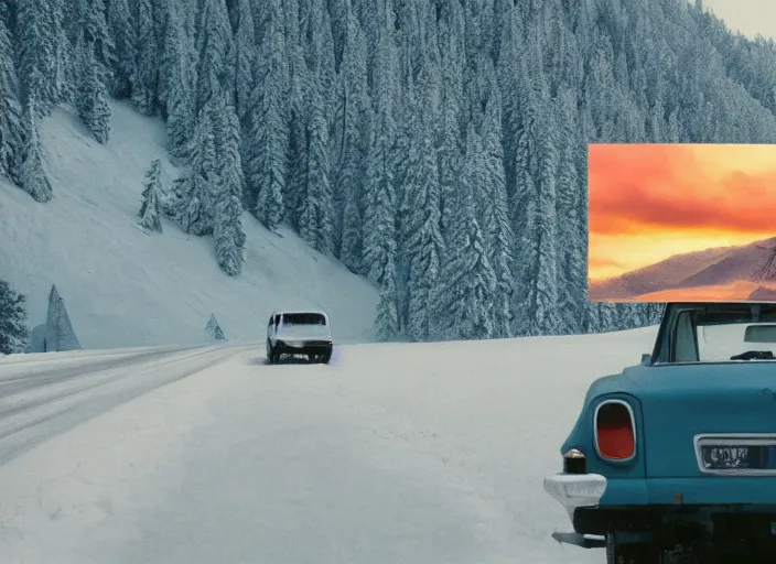 Image similar to A very high resolution image from a new movie, landscape from a car window , mountains, snowy, snowy mountains, Polaroid, directed by wes anderson