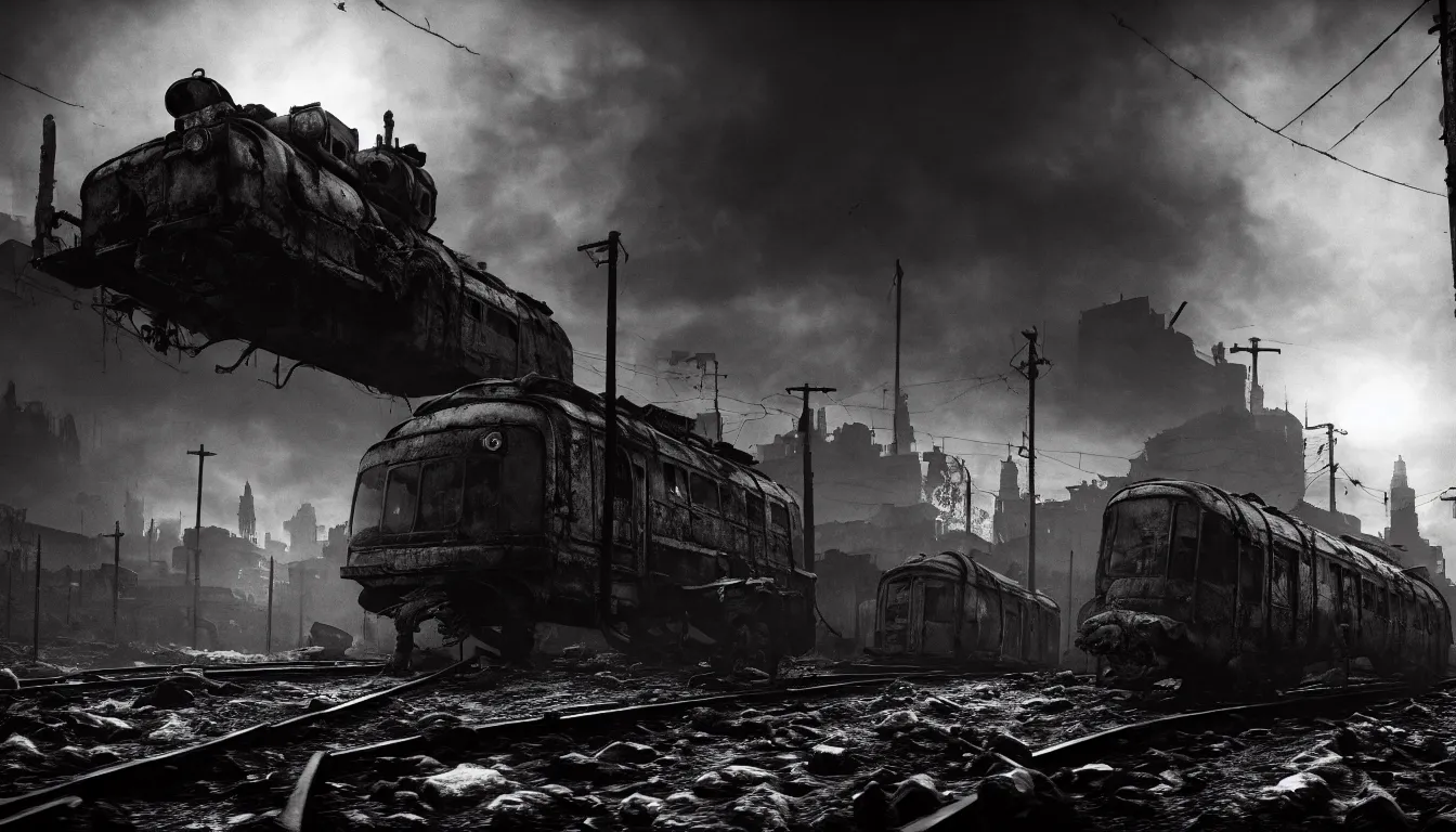 Image similar to metro exodus style, city in the horizon, dark, atmospheric, scary, claustrophobic, ambient vibe, very detailed, black and white, 4 k