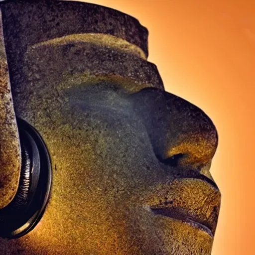 Prompt: a high detail photo of a moai wearing headphones