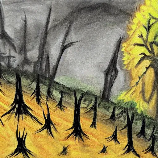 Image similar to painting of a landscape by the blair witch project | horror themed | creepy