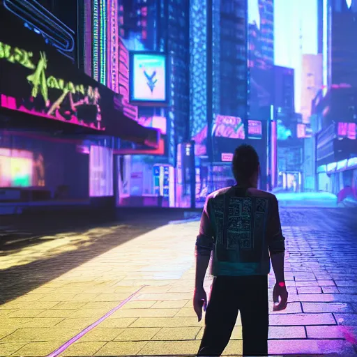 Prompt: A man, walking in a cyberpunk vaporwave world, 4k, photorealistic, intricate details, studio lighting, unreal engine