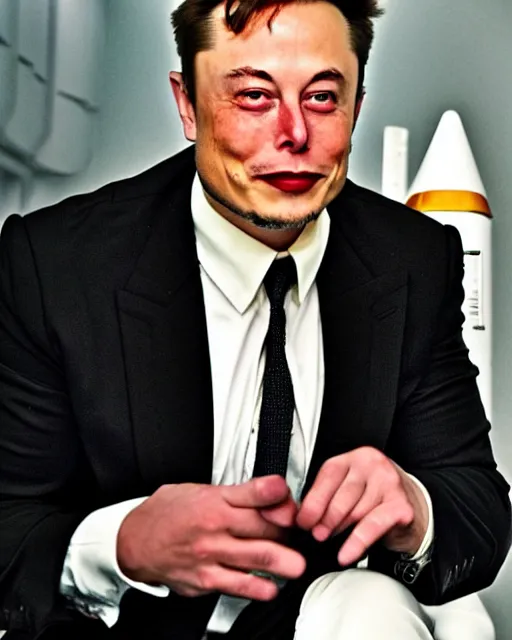 Image similar to elon musk dressed as james bond villain hugo drax from the movie moonraker, space station, nasa, hyperreal