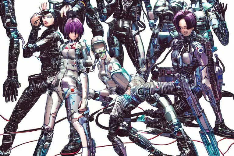 Image similar to a cyberpunk illustration of a group of four female androids in style of masamune shirow, lying scattered across an empty, white floor with their bodies rotated in different poses and cables and wires coming out, by yukito kishiro and katsuhiro otomo, hyper-detailed, intricate