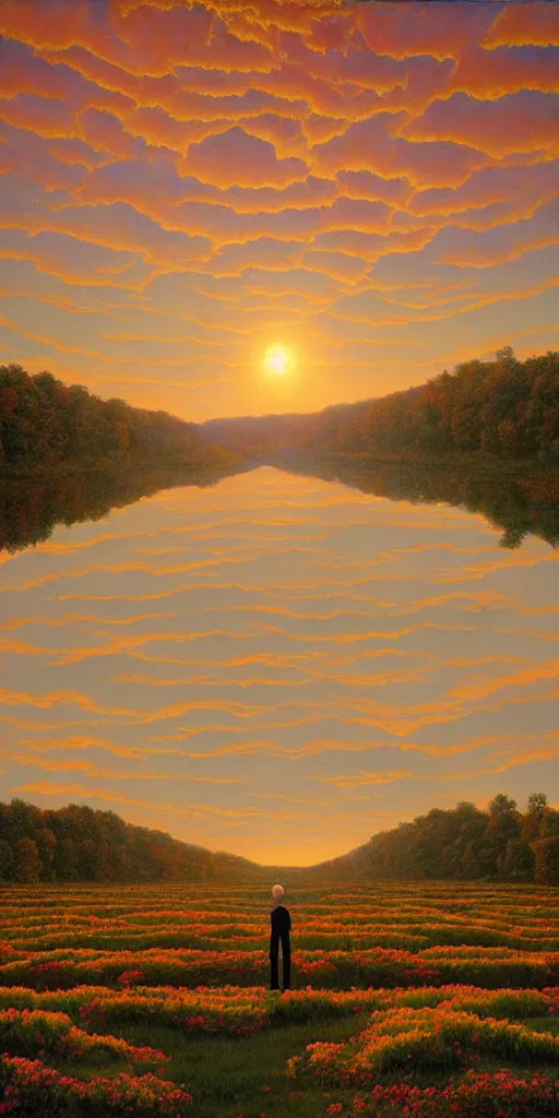 Image similar to symmetry!! a surreal landscape of a dream, lucid dream, people, very detailed, serene, peaceful, golden hour, perfect lighting, perfect composition, digital art, illustration, frederic edwin church, rene magritte, 4 k