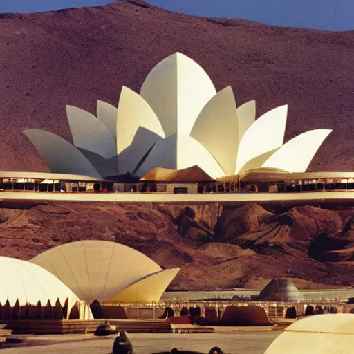 Prompt: futuristic gold, red and white marble lotus temple in the desert, by buckminster fuller and syd mead, intricate contemporary architecture, photo journalism, photography, cinematic, national geographic photoshoot