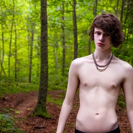 Image similar to a teenage boy, around 1 9 yo. necklace. natural brown hair. loincloth, pale skin, looking around. detailed face. ominous and eerie looking forest in background. natural colors. realistic photo. 8 k