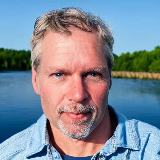 Prompt: portrait of 5 3 year old white male, blue eyes, greying hair, thinking back to his childhood days of spending summer vacations fishing on lake simard in mofett quebec, 4 k