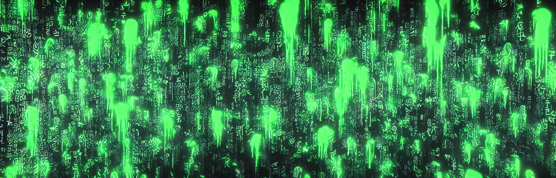 Image similar to neon green colored japanese characters dripping down from top, matrix wallpaper ; very detailed ; artstation, unreal engine 5