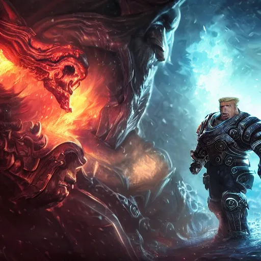 Image similar to Portrait of Trump, League of Legends amazing splashscreen artwork, Gears of War, splash art,natural light, elegant, photorealistic facial features, intricate, fantasy, detailed face, atmospheric lighting, anamorphic lens flare, cinematic lighting, league of legends splash art, hd wallpaper, ultra high details by Greg rutkowski