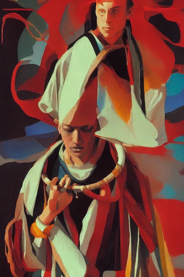 Prompt: sfumato renaissance oil painting of a modern shaman, modern minimal isei miyake outfit, in the style of syd mead, jeremy cowart, concept art