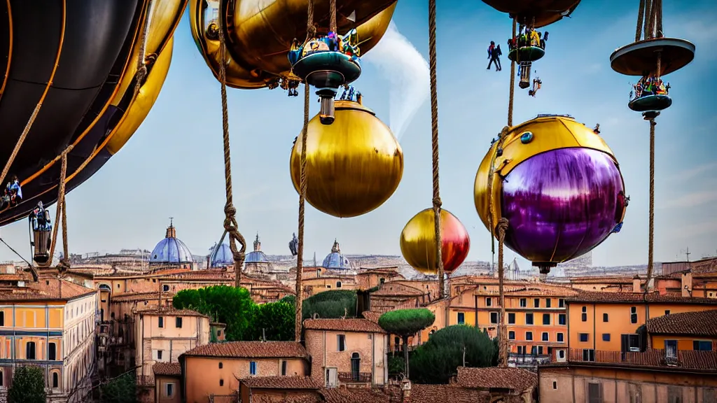 Prompt: large colorful futuristic space age metallic steampunk steam powered balloons with pipework and electrical wiring around the outside, and people on rope swings underneath, flying high over the beautiful medieval rome city landscape, professional photography, 8 0 mm telephoto lens, realistic, detailed, photorealistic, photojournalism