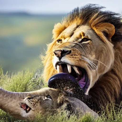 Image similar to a 4 k photo of a lion attacking an elephant on a hill