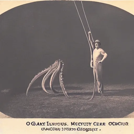 Image similar to giant octupus performing on a circus, 1 9 2 0, vintage photography, colored, realistic