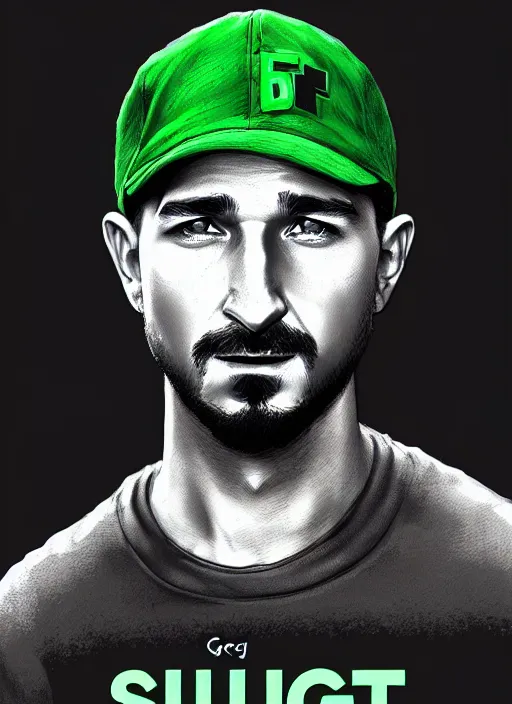 Image similar to highly detailed closeup portrait motivational poster of shia lebouf with large bold letter motivational words by greg rutkowski, by artgerm, gradient green, black and white color scheme, black border