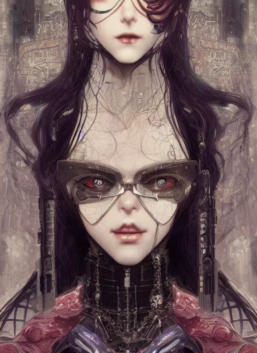 Image similar to portrait of beautiful young gothic maiden, cyberpunk, Warhammer, highly detailed, artstation, illustration, art by Gustav Klimt and Range Murata and Ilya Kuvshinov