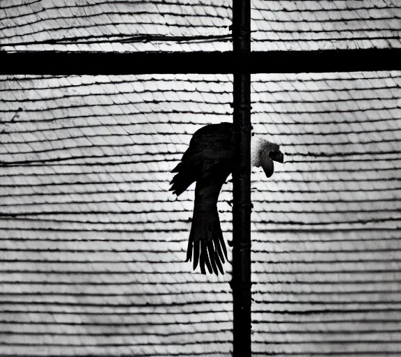 Prompt: Joachim Brohm photo of 'griffon vulture perched behind jail bars', high contrast, high exposure photo, monochrome, DLSR, grainy, close up