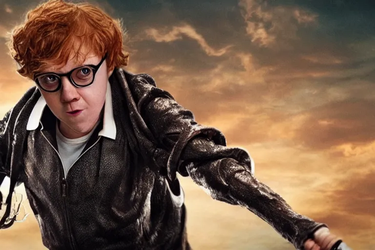 Image similar to Rupert Grint as Doc Ock, Multiple long menacing metal clawed arms from his back, intimidating stance