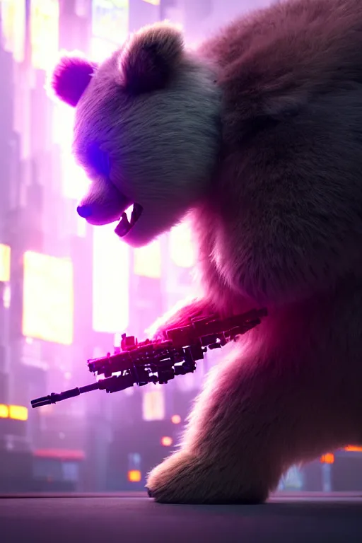 Prompt: high quality 3 d render very cute fluffy cyborg!! bear! plays electronic viola, cyberpunk highly detailed, unreal engine cinematic smooth, in the style of blade runner & detective pikachu, hannah yata charlie immer, moody light, low angle, uhd 8 k, sharp focus