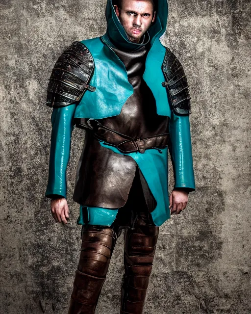 Image similar to an award - winning photo of a ancient male model wearing a baggy teal distressed medieval menswear leather jacket slightly inspired by medieval armour designed by alexander mcqueen, 4 k, studio lighting, wide angle lens