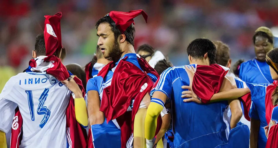 Prompt: television broadcast of professional soccer game, players wearing capes, tv