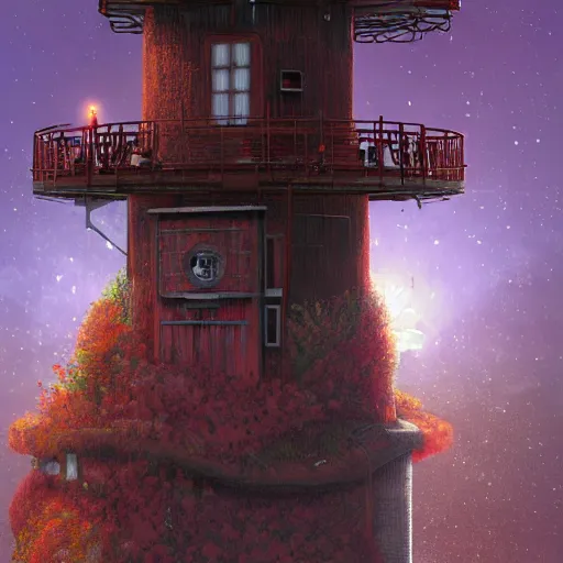 Image similar to red orangutan as doctor who climbing on the unstable lighthouse, beautiful, realistic, atmosphere, vibe, forest, lot of trees, fern, flowers, concept art illustration, color page, tone mapping, akihiko yoshida, james jean, andrei riabovitchev, marc simonetti, digital illustration, greg rutowski, volumetric lighting, sunbeams, particles