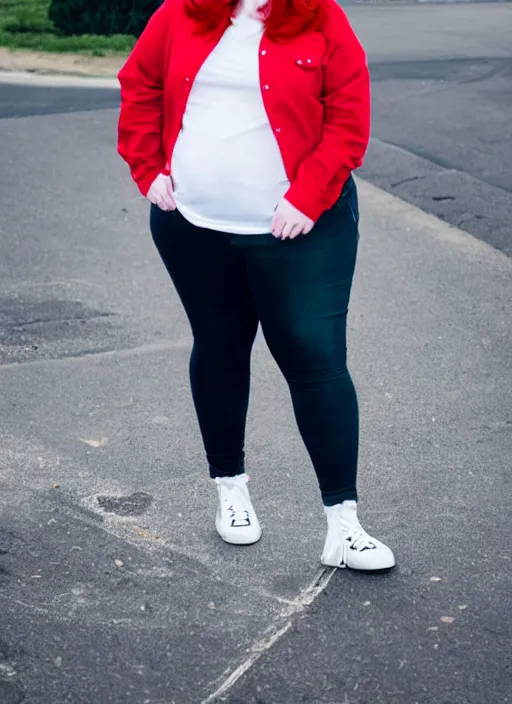 Prompt: photograp of a plus-size redhead woman wearing jeans, black converse shoes, and a red tartan shirt