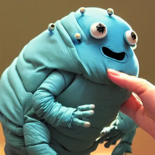 Image similar to a friendly Tardigrade smiling and waving, personified, humanoid