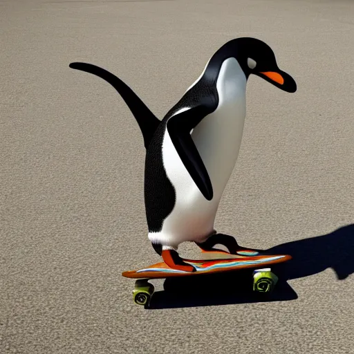 Prompt: photo of a skateboarding penguin with a sunhat!