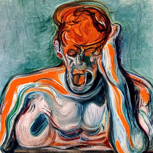 Image similar to high quality high detail expressionist painting of a man in agony by lucian freud and jenny saville edvard munch and francis bacon, hd, anxiety, seated at table crying and screaming, turquoise and orange