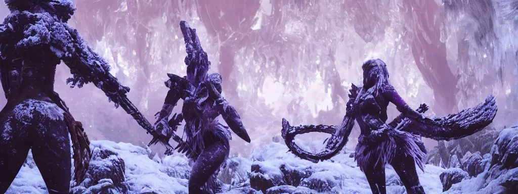 Image similar to frosty warrior woman with a body of ice, walking in a dense alien snow covered frosty jungle, with snow covered colourful red, blue and purple plants, large vines, snow covered arched organic rock structures, in the style of monster hunter world, like concept art on artstation, hyperdetailed, vray render, octane render,