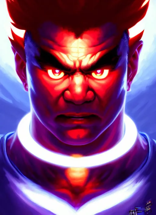 Image similar to symmetry!! portrait of akuma, street fighter, wearing gi, glowing lights!! intricate, elegant, highly detailed, digital painting, artstation, concept art, smooth, sharp focus, illustration, art by artgerm and greg rutkowski and alphonse mucha