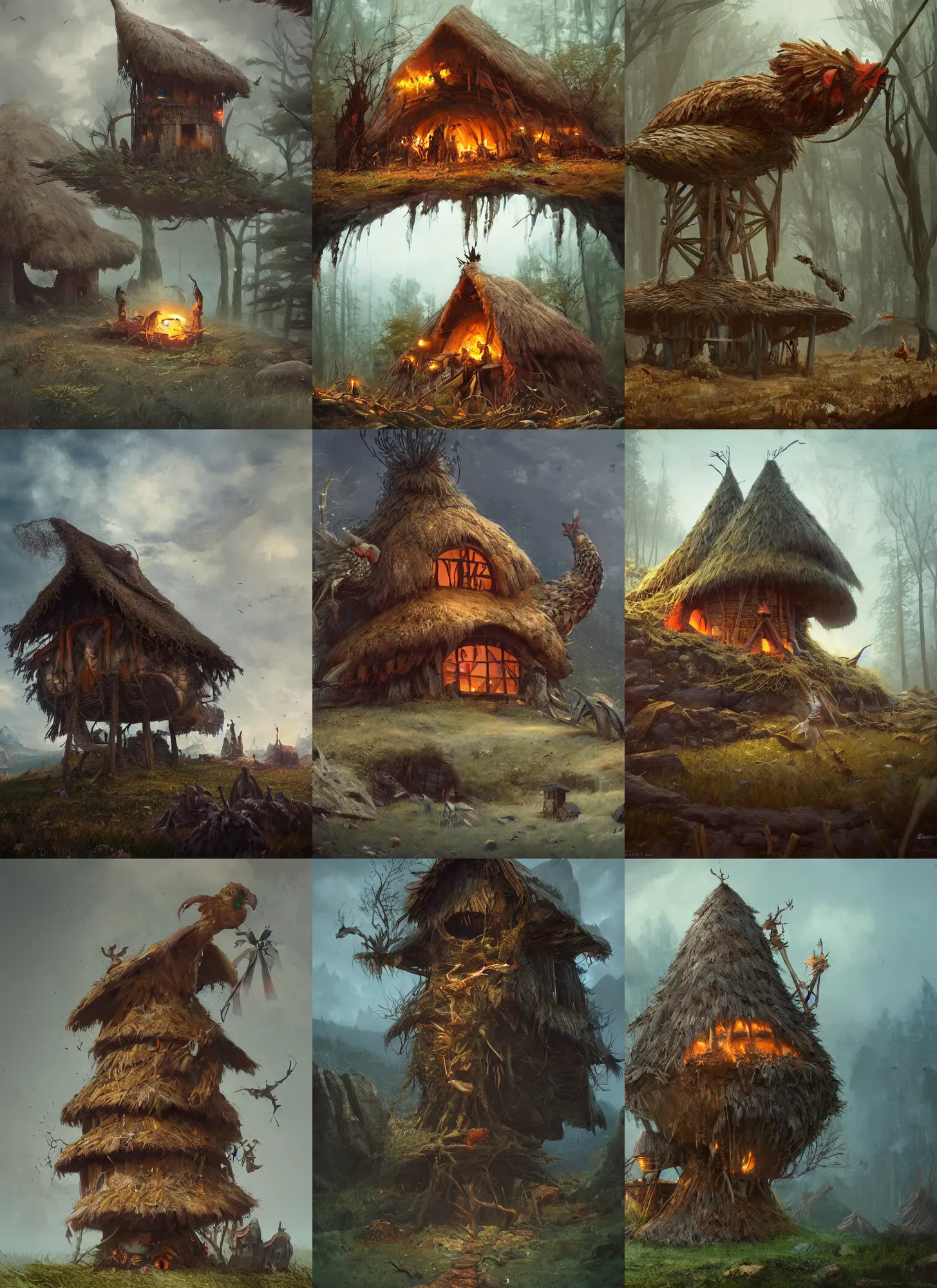 Prompt: a witch hut standing over giant legs of chicken, greg rutkowski, zabrocki, karlkka, jayison devadas, trending on artstation, 8 k, ultra wide angle, zenith view, pincushion lens effect