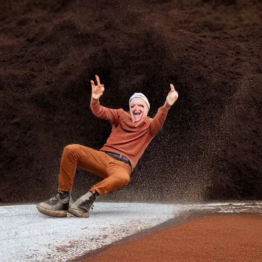 Image similar to a man sliding through brown pudding, professional photo, funny