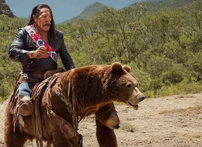 Image similar to film still of danny trejo on a saddle riding a bear wearing a bandana in mexico, 8 k