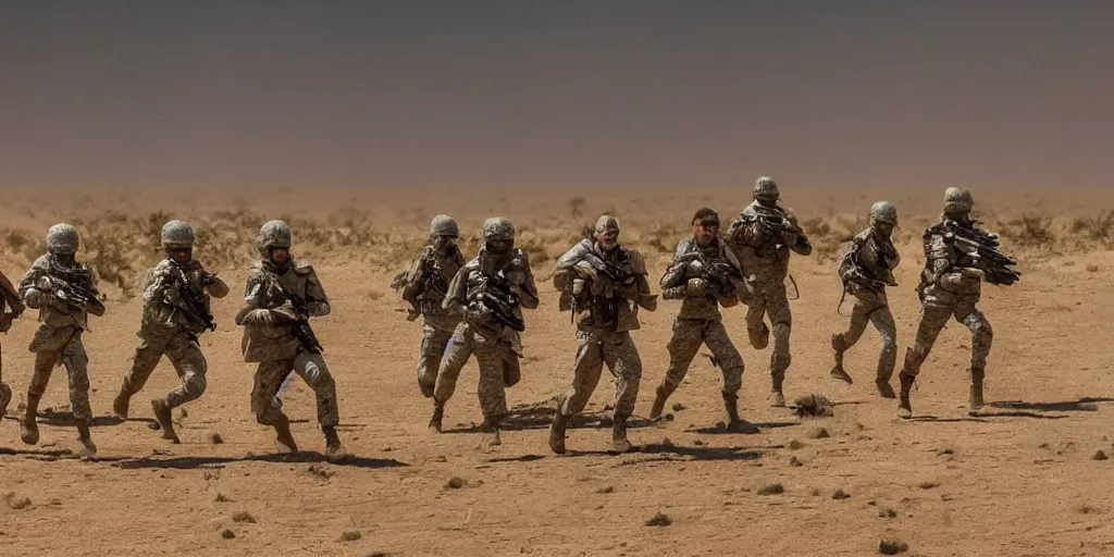 Prompt: a group of soldiers on a rescue mission like the film stargate being chased by a large spider alien on a desert world, telephoto shot, mid day, heat shimmering.