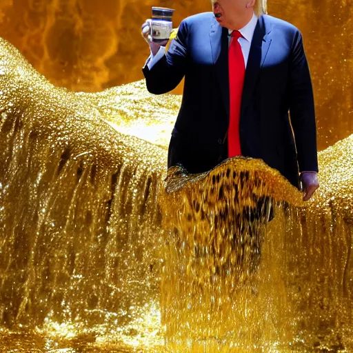 Prompt: donald trump drinking from a golden yellow waterfall, associated press photo