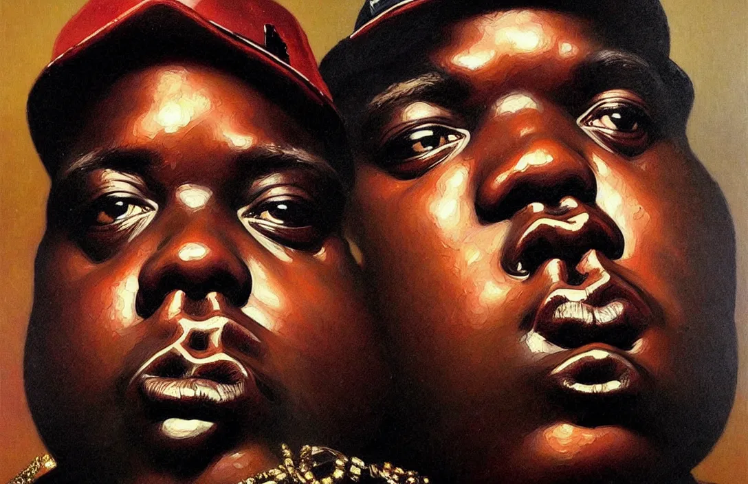 Image similar to portrait of biggie smalls!!!!!!!!!!!!!!!!!!!!!!!!!!!, detailed face, detailed painting,, epic lighting, by ilya repin, phil hale and kent williams