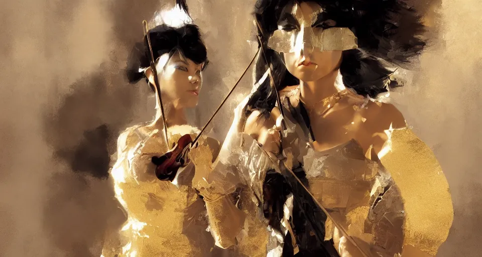 Image similar to craig mullins and ghibli digital art of masked female violinist, exotic costumes, gold jewelry, black hair unreal engine, hyper realism, realistic shading, cinematic composition, realistic render, octane render, detailed textures, photorealistic, wide shot