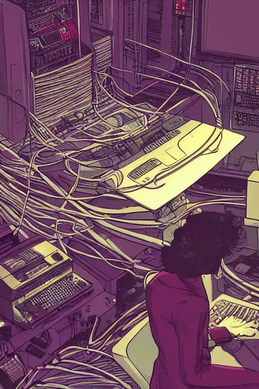 Image similar to a comic illustration of a person connected to a computer console by wires, the console is tall and imposing, there are many cables on the floor, futuristic, golden age of sci-fi, steampunk, neon colors, clean linework, art by Moebius