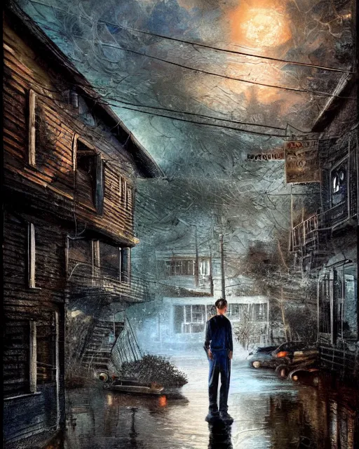 Image similar to concept illustration from the'0 0 s supernatural thriller'old as the water ', a high quality high detail painting by david mattingly and samuel araya and tony diterlizzi, hd 4 k 8 k, realistic hyperdetailed scene painting, photorealistic lighting, urban horror aesthetic, composition and scene layout inspired by gregory crewdson and brendon burton.