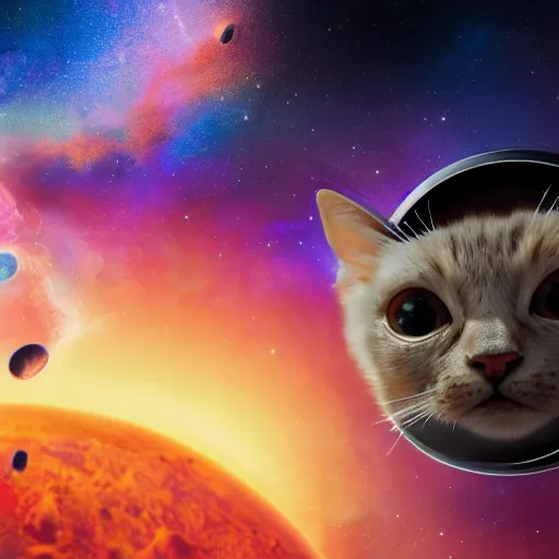 Image similar to epic scale space kitty, eyes like galaxies, flying through space, wearing a space suit and space helmet, soaring through the stars, ultra detailed, 4 k, 8 k, digital illustration