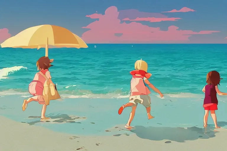 Prompt: a little boy and a little girl play at the sea beach. clean cel shaded vector art. shutterstock. behance hd by lois van baarle, artgerm, helen huang, by makoto shinkai and ilya kuvshinov, rossdraws, illustration, art by ilya kuvshinov