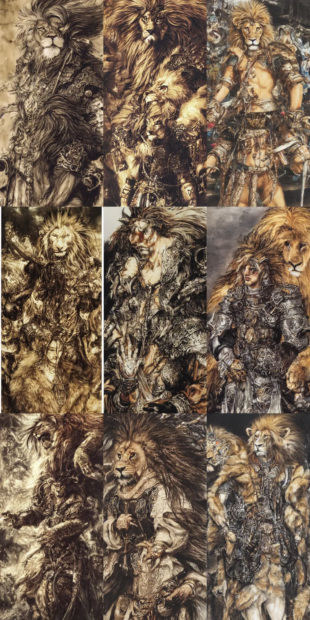 Image similar to 8 k yoshitaka amano painting of upper body of a young cool looking lion beastman with white mane at a medieval market at windy day. depth of field. he is wearing complex fantasy clothing. he has huge paws. renaissance style lighting.