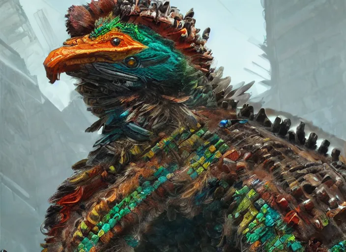 Image similar to detailed full body concept art illustration, oil painting on canvas of a quetzalcoatl, biomutant, dystopian, micro detail, octane render, 4K
