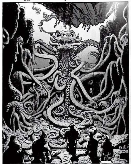 Prompt: a group of fishmen worship a statue of cthulu in a large water - filled cavern. black and white line art, drawn by mike mignola, moebius, peter mullen.