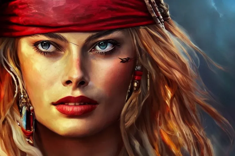 Image similar to beautiful portrait photo of Margot Robbie as Jack Sparrow pirate, elegant, sun shines in the sky, blood in the seahighly, dramatic lighting, detailed, digital painting, artstation, concept art, smooth, sharp focus, illustration, art by artgerm