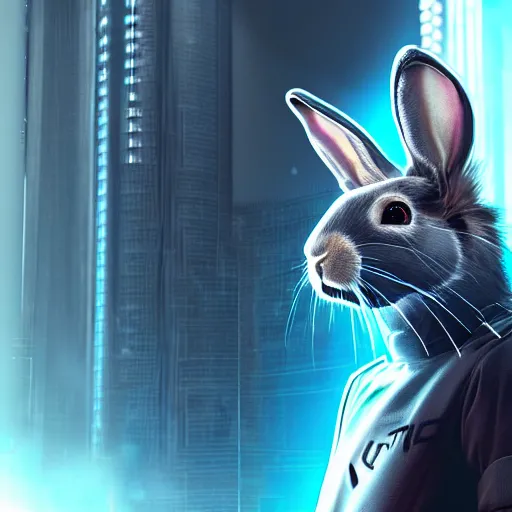Prompt: cyberpunk rabbit with a large reflective knife earrings and robotic eyes unreal engine