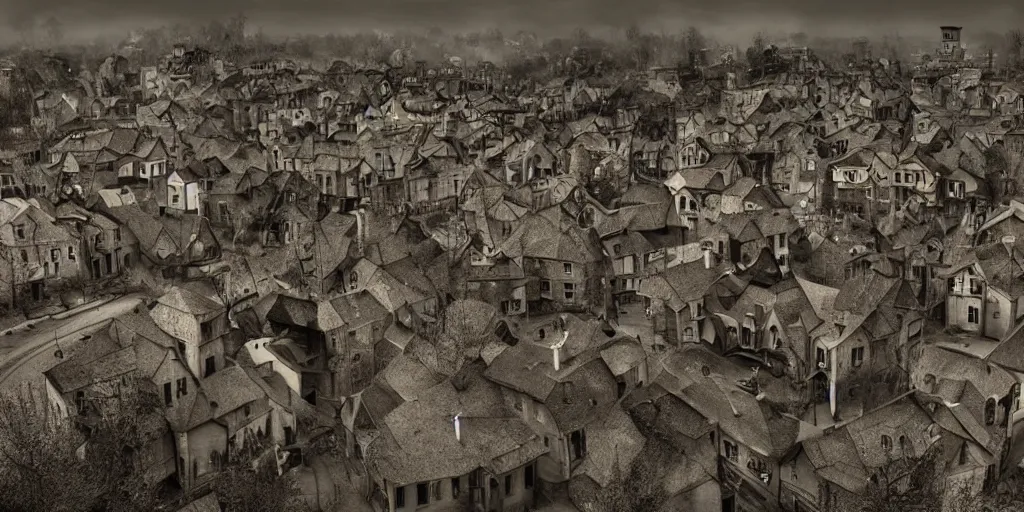 Image similar to town created by Tim burton dark tones