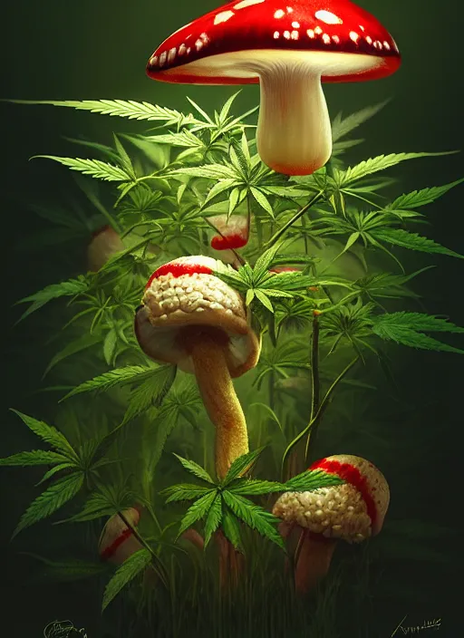 Prompt: a cannabis plant with red and white amanita mushroom fruits, rim light, midsommar style, extremely detailed, masterpiece, artstation, cinematic lighting, photographic, by greg rutkowski and wolp